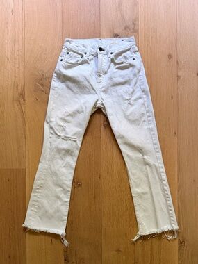 Noend Denim Kick Flare Jeans White Made in USA Raw Hem Cropped